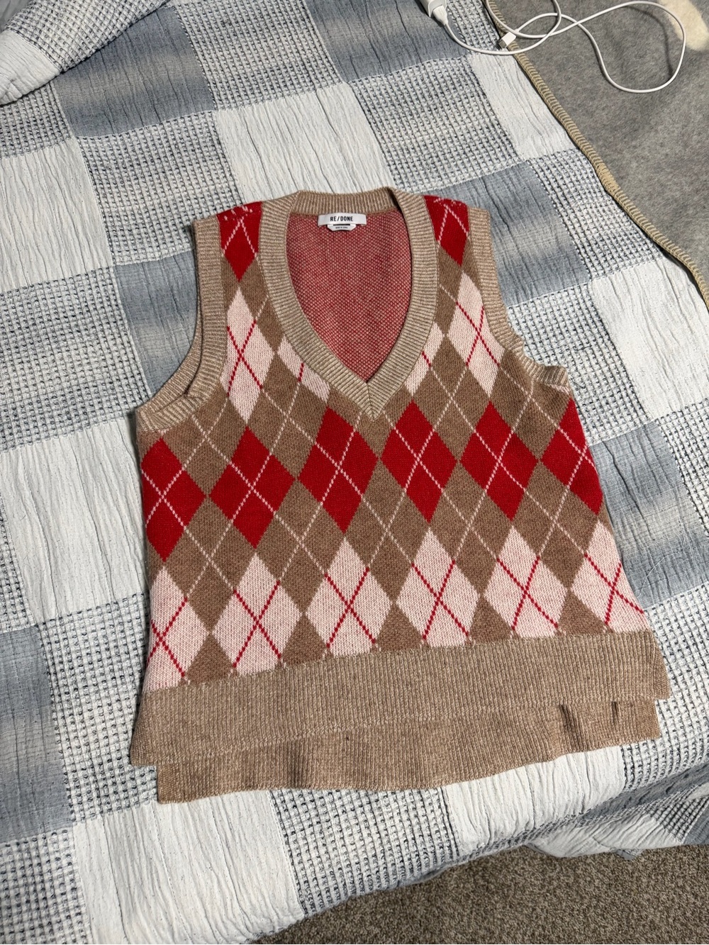 Re/Done Red & Brown Argyle Knit Vest